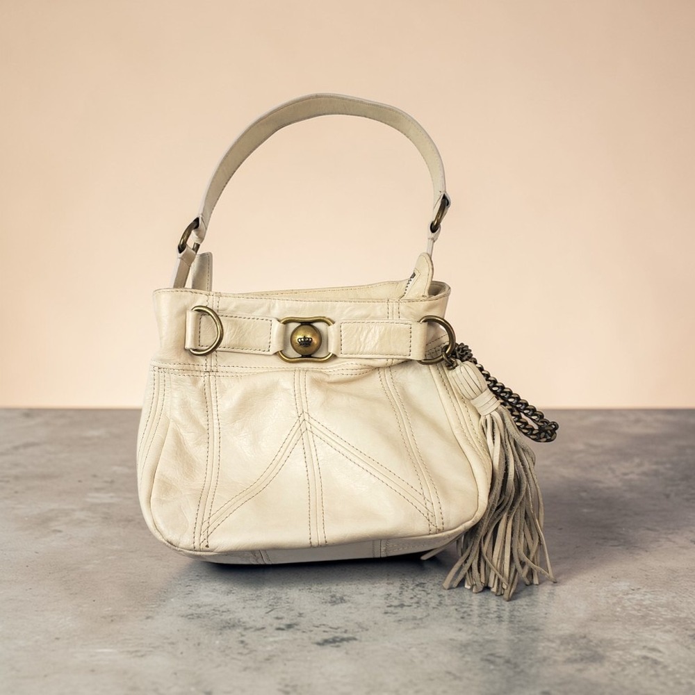 Juicy Couture Cream Leather Hobo Bag Tassel Brass Crown Logo‎ Vintage Y2K